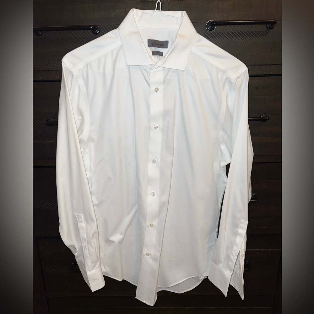 Calvin Klein White Pinstripe Dress Shirt, Large, Slim Fit, Great Condition